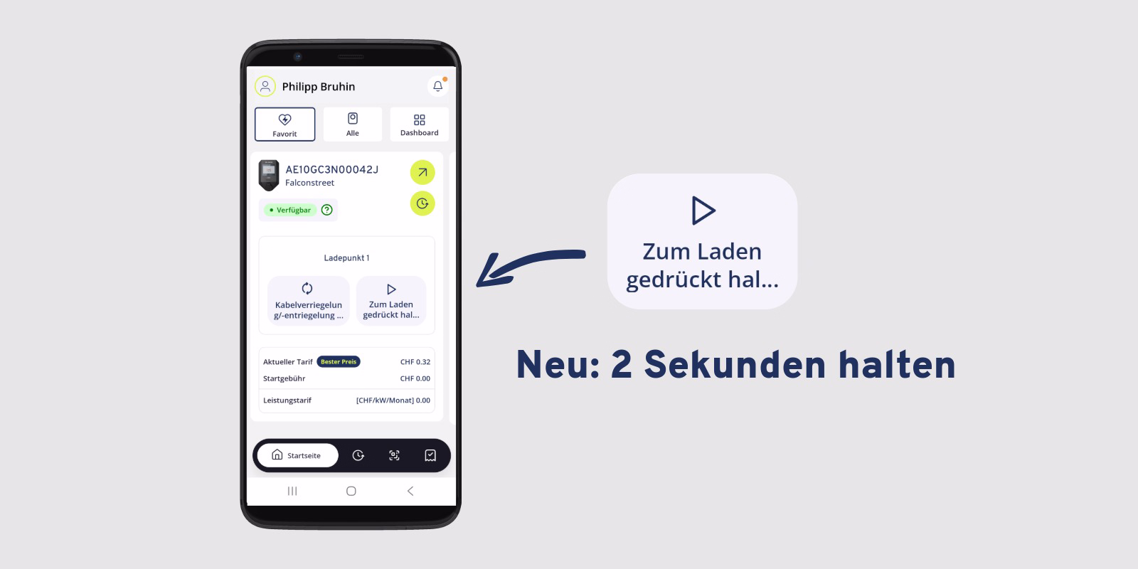 Neu in der Sintio-App: 2 Sekunden halten, um Ladevorgang zu starten.