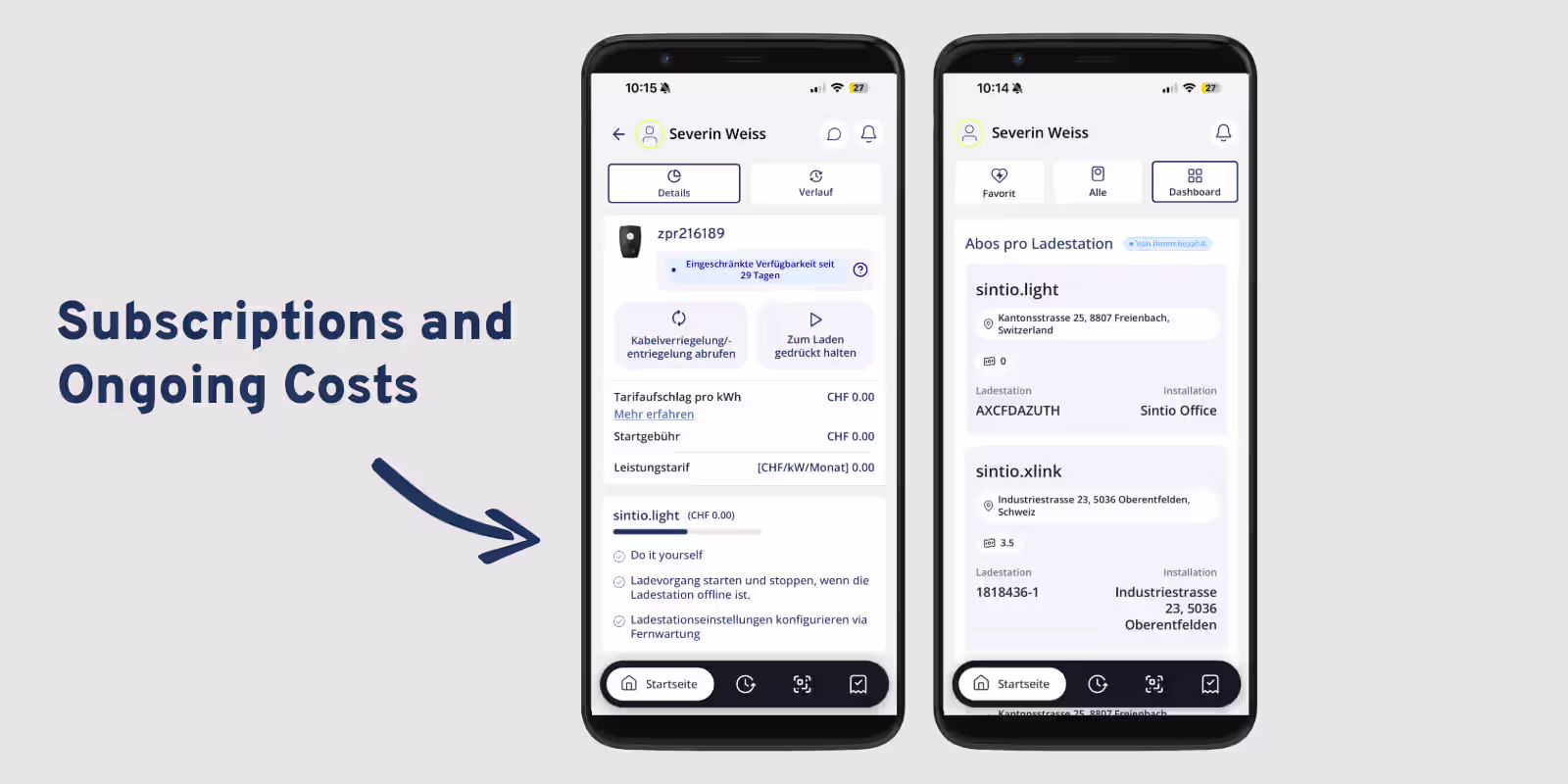 Sintio app showing the tariff and subscription details of a charging station and the subscriptions per charging station in the dashboard