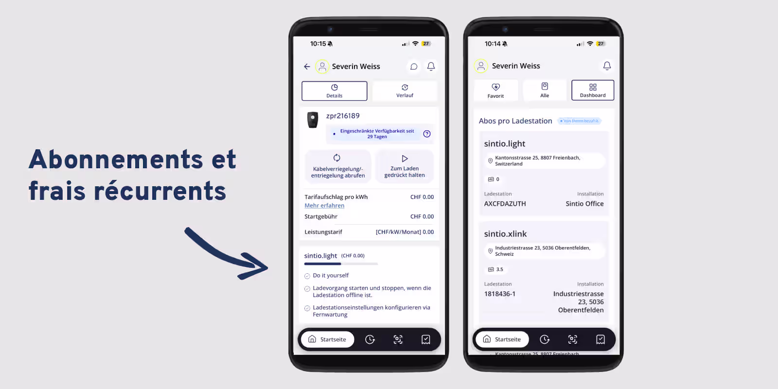 Application Sintio affichant les détails du tarif et de l'abonnement d'une borne de recharge ainsi que les abonnements par borne dans le tableau de bord