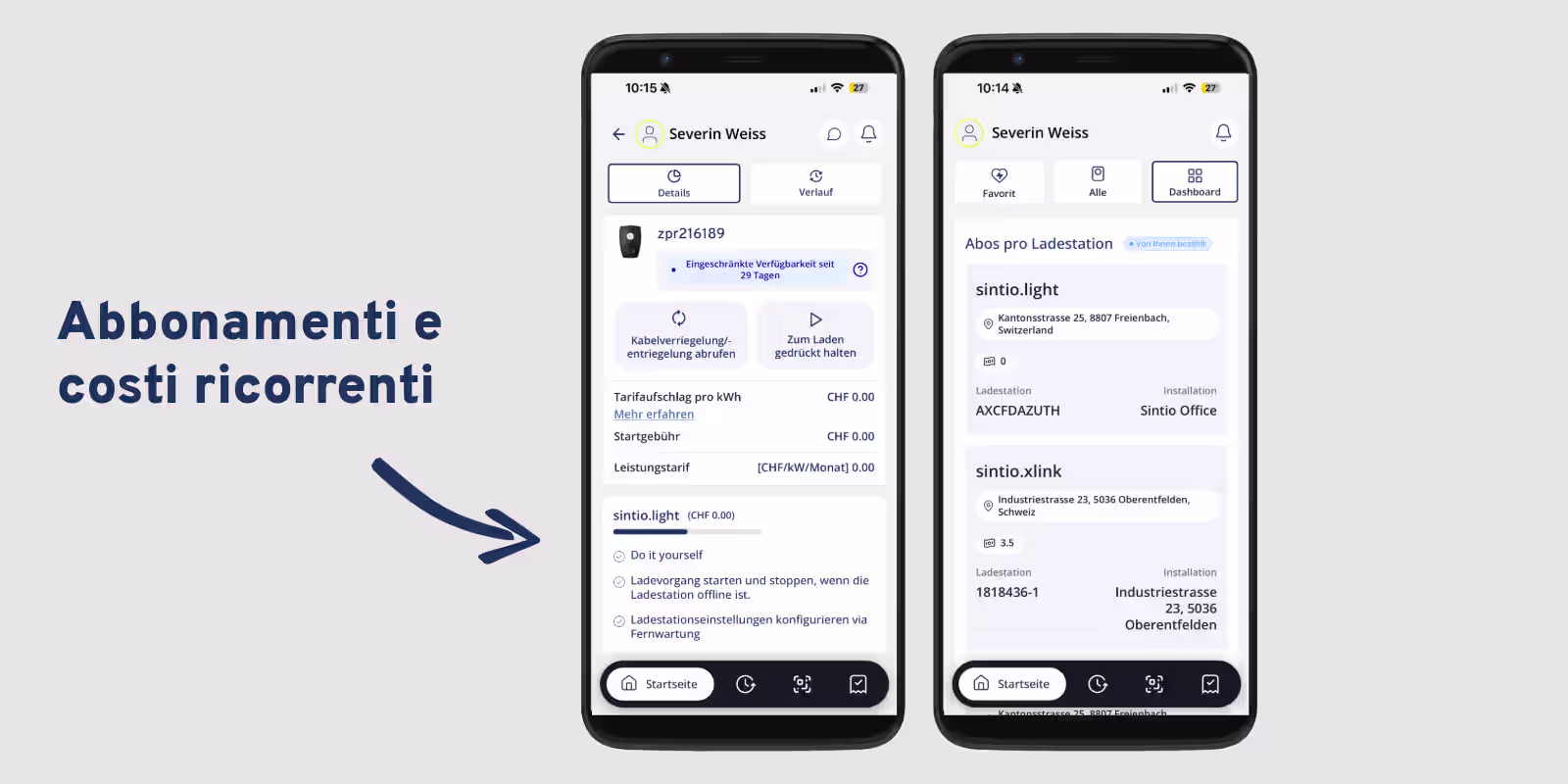 App Sintio con i dettagli di tariffa e abbonamento di una stazione di ricarica e gli abbonamenti per stazione di ricarica nella dashboard