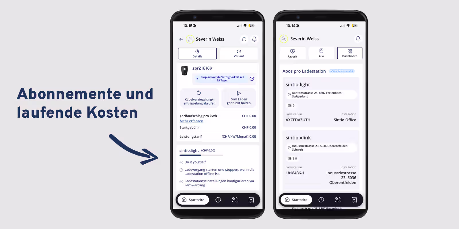 Sintio-App mit Tarif- und Abodetails einer Ladestation sowie den Abonnementen pro Ladestation im Dashboard