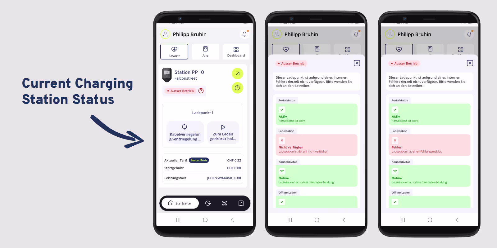 Sintio app showing a charging station that is out of service, with status details for the portal, charging station, connectivity and offline charging