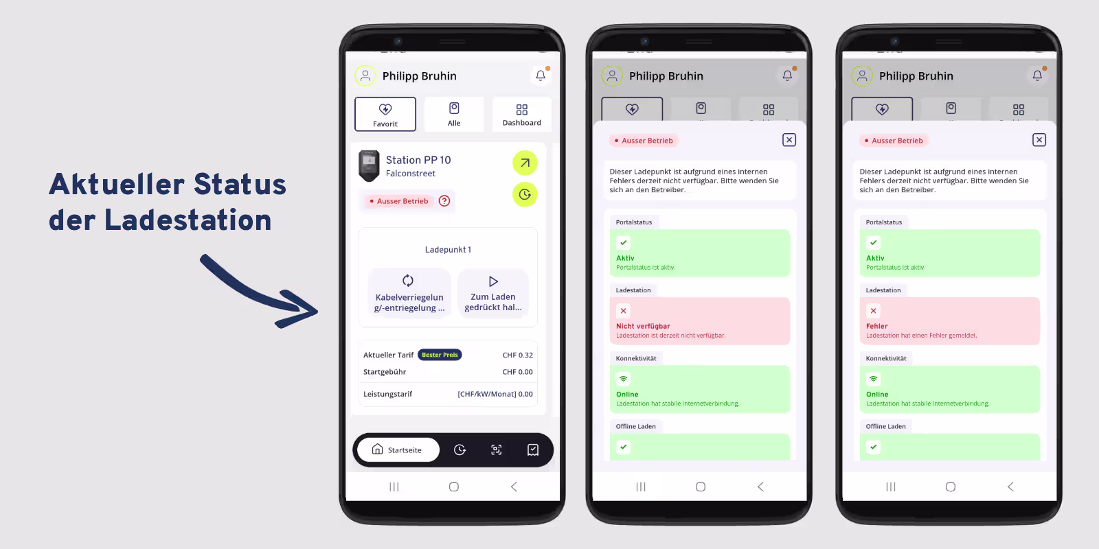 Sintio-App mit einer Ladestation ausser Betrieb und Statusdetails zu Portal, Ladestation, Konnektivität und Offline-Laden