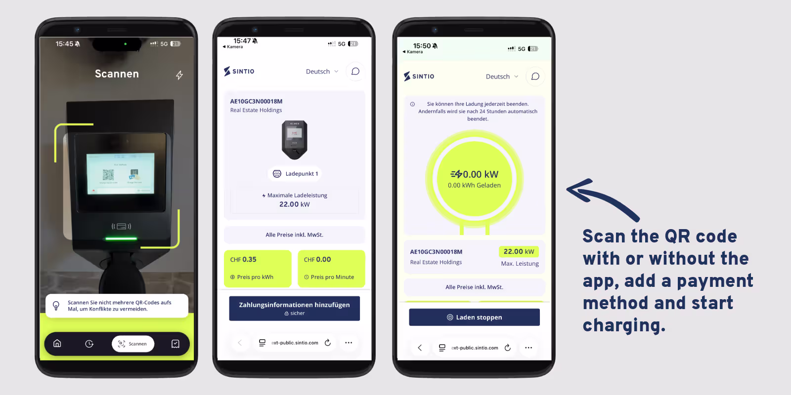 Three smartphone screens of the Sintio app: scanning the charging station's QR code, adding a payment method and starting the charging session