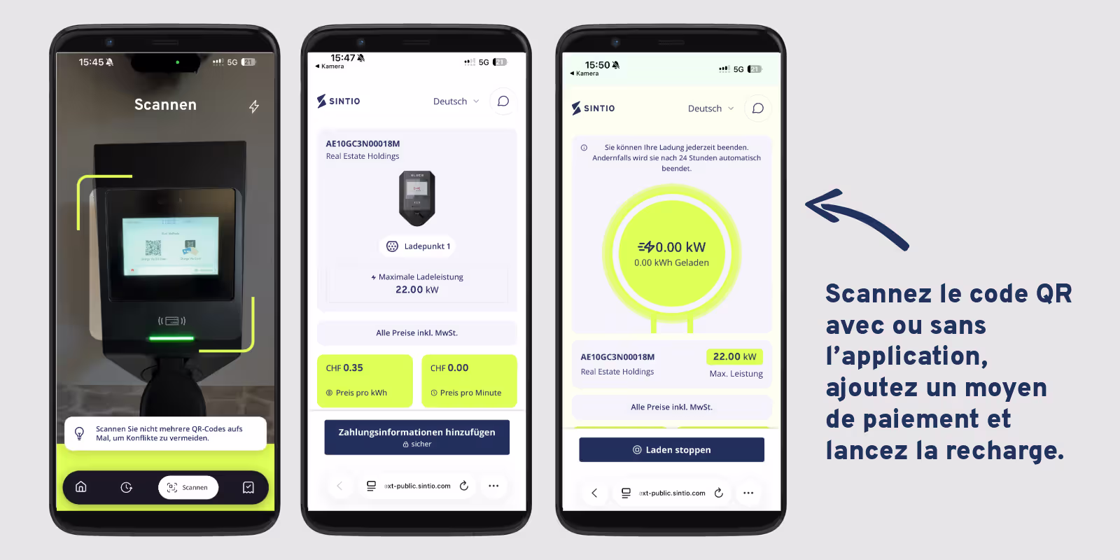 Trois écrans de smartphone de l'application Sintio : scanner le code QR de la borne de recharge, ajouter un moyen de paiement et démarrer la recharge