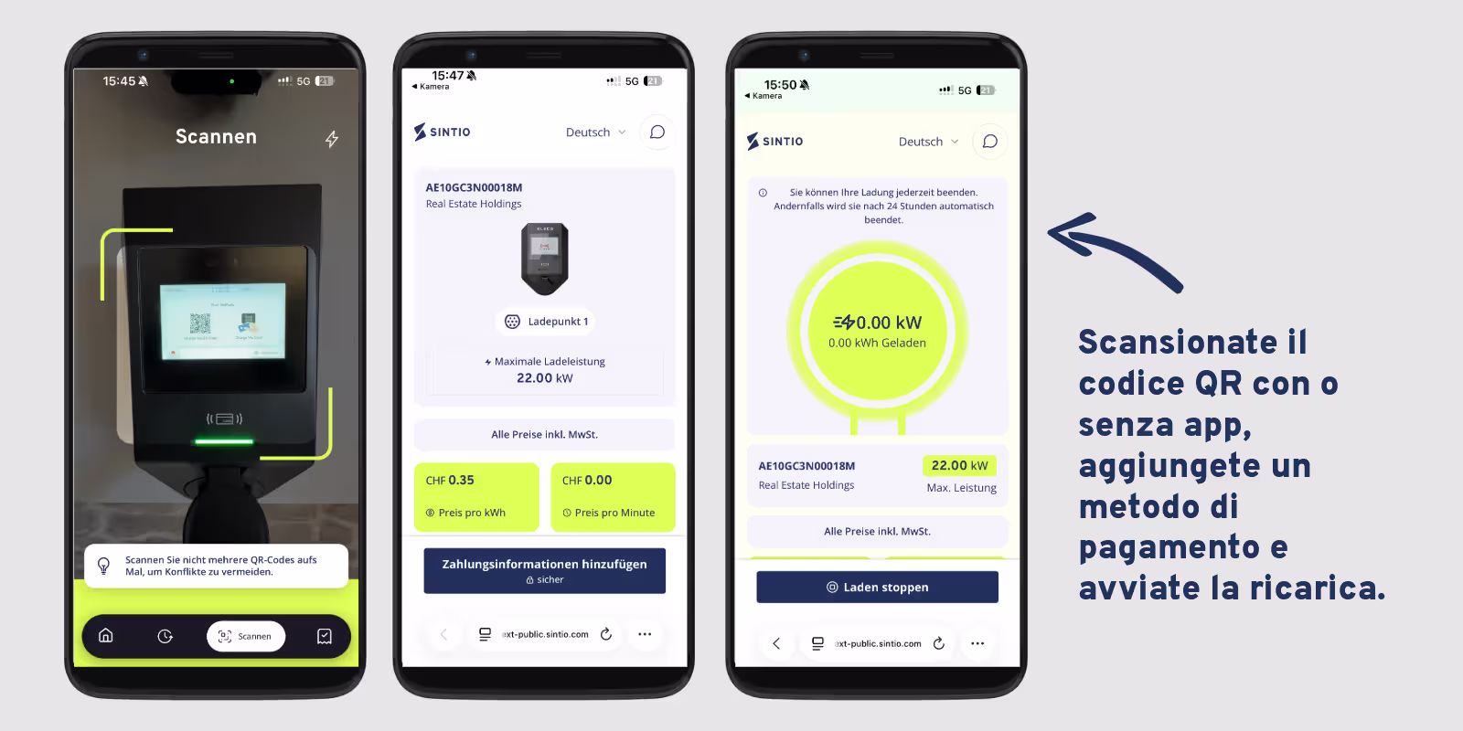 Tre schermate dello smartphone dell'app Sintio: scansione del codice QR della stazione di ricarica, aggiunta di un metodo di pagamento e avvio della ricarica