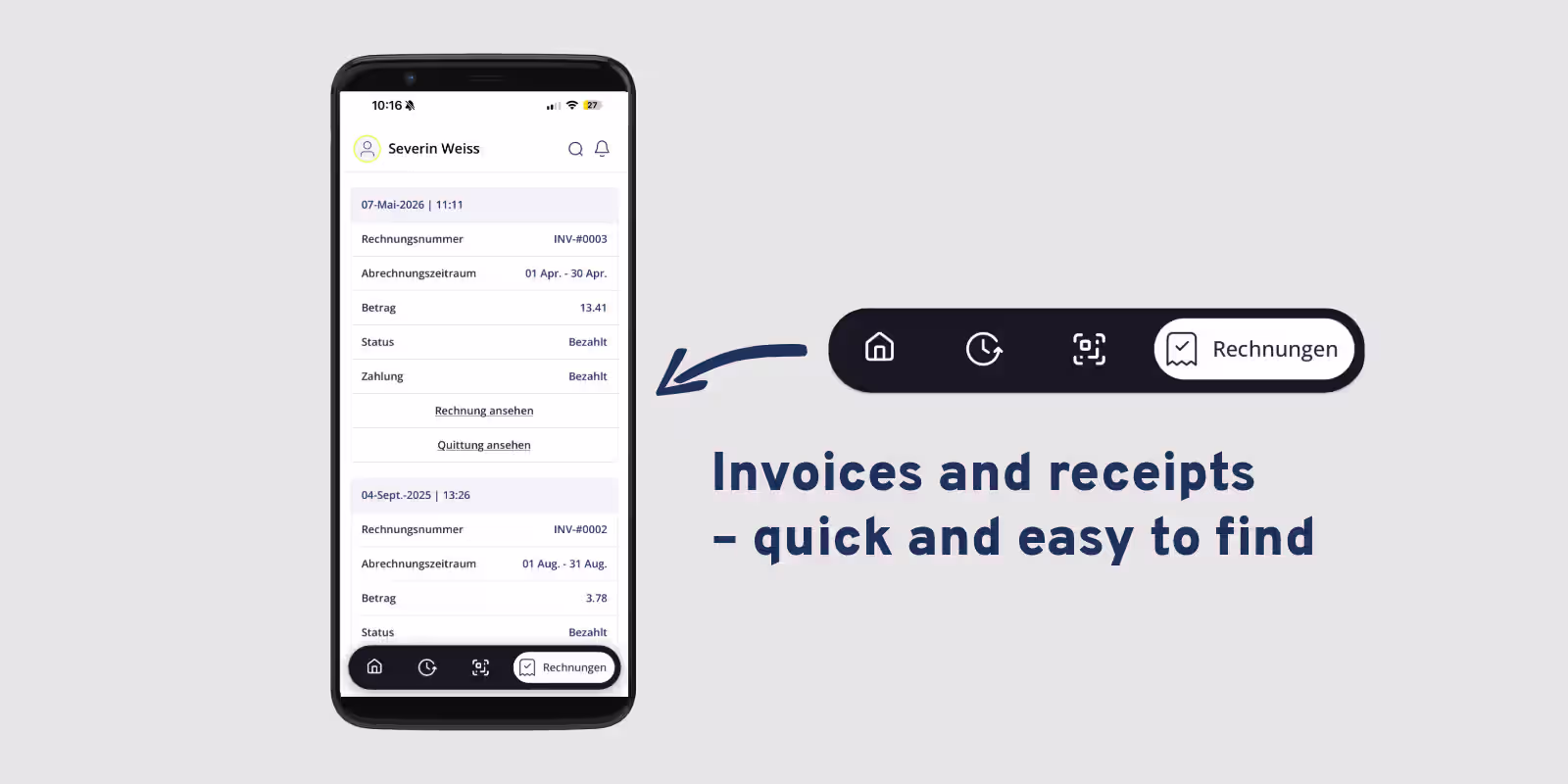 Invoices section of the Sintio app with invoice number, billing period, amount, payment status and links to view the invoice and receipt