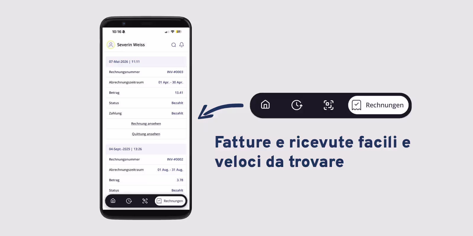 Sezione Fatture dell'app Sintio con numero di fattura, periodo di fatturazione, importo, stato del pagamento e link per visualizzare fattura e ricevuta