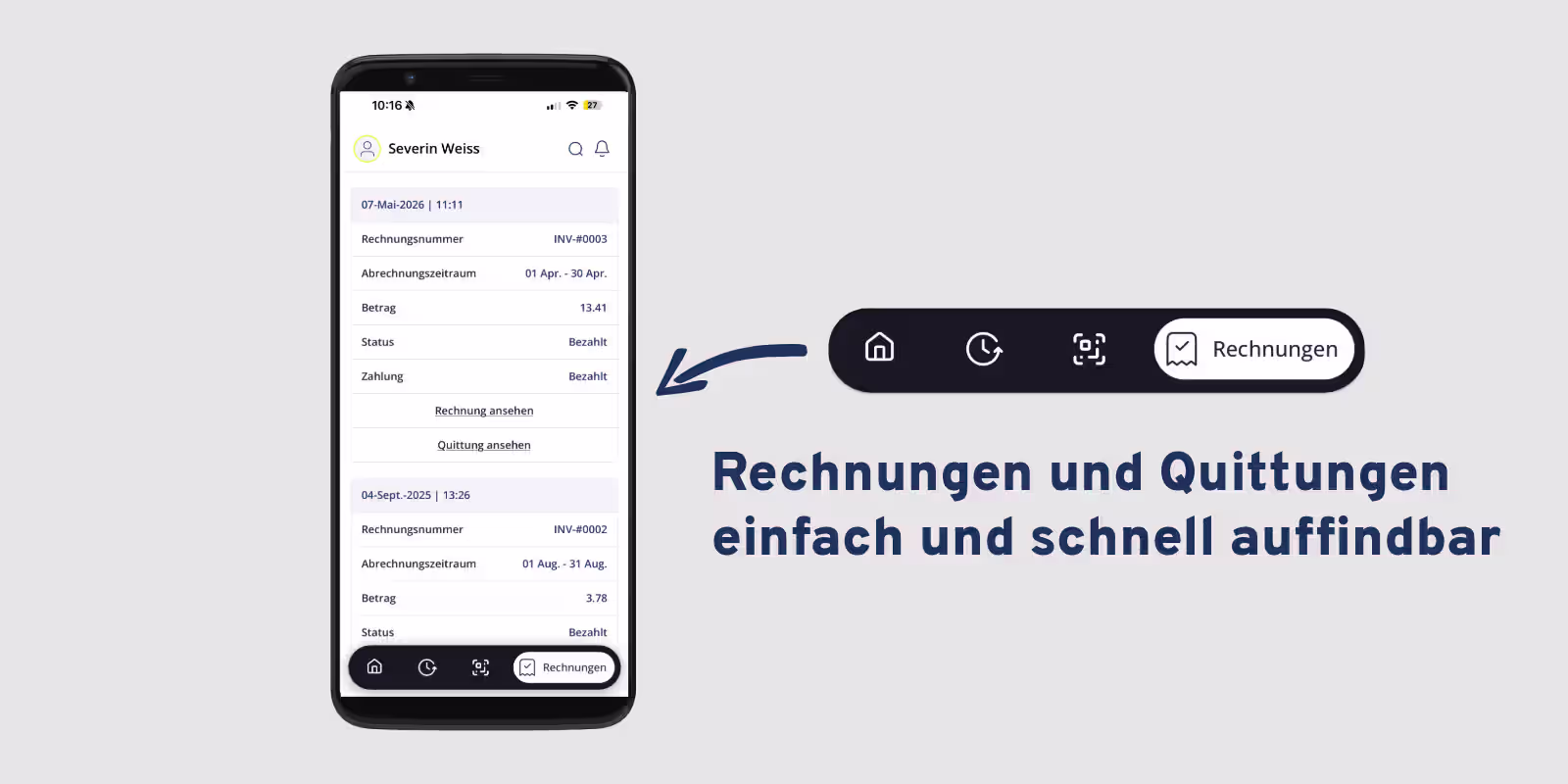 Rechnungsbereich der Sintio-App mit Rechnungsnummer, Abrechnungszeitraum, Betrag, Zahlungsstatus und Links zu Rechnung und Quittung