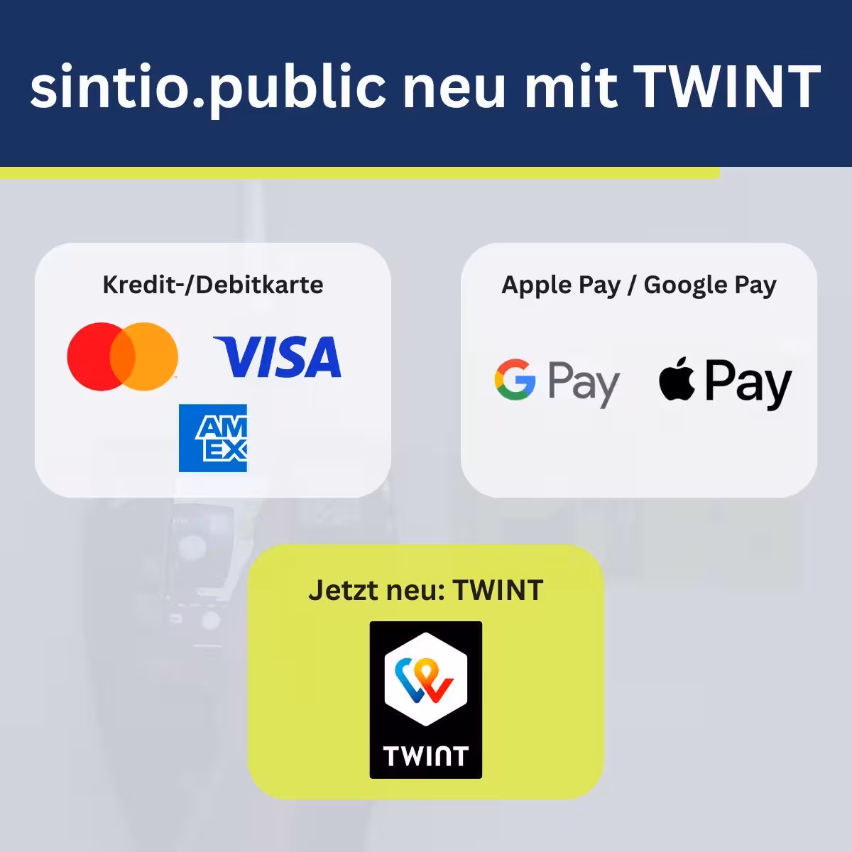 sintio.public now supports TWINT, plus Visa, Mastercard, Amex, Google Pay and Apple Pay