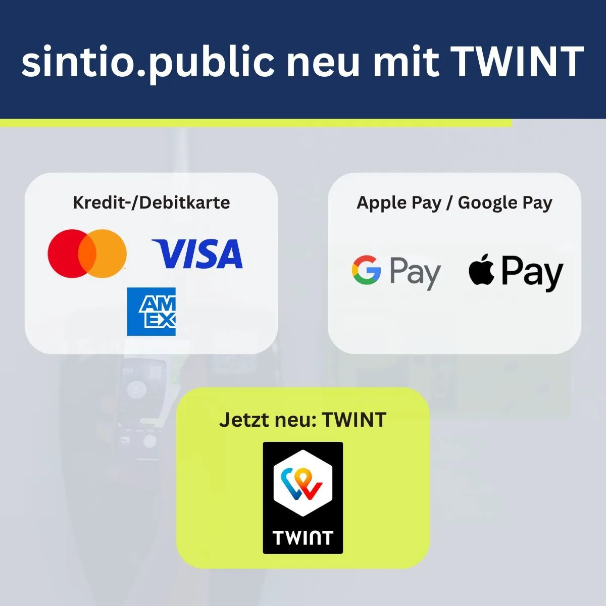 sintio.public now supports TWINT, plus Visa, Mastercard, Amex, Google Pay and Apple Pay